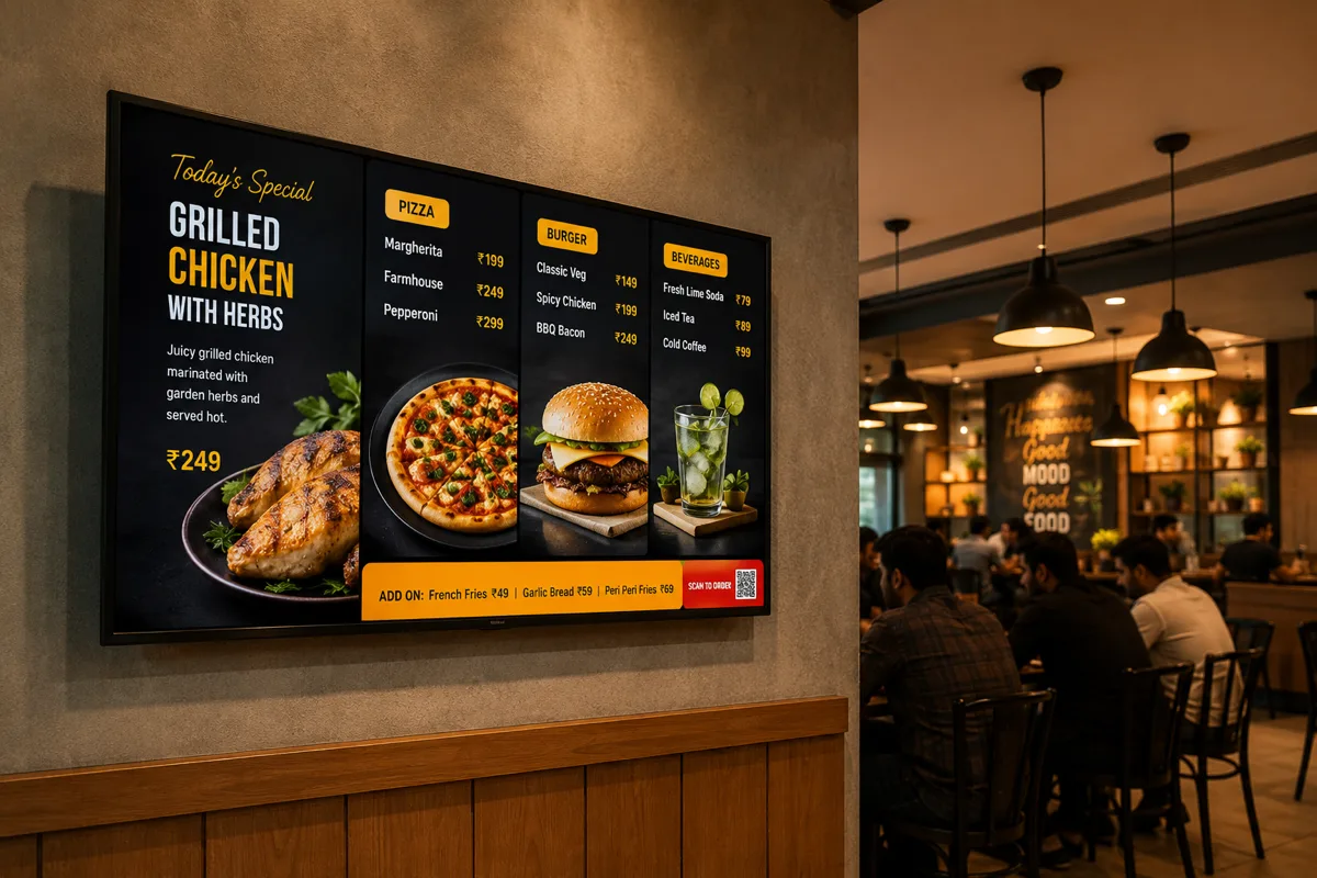 A wall-mounted TV in a restaurant showing a digital menu board with today's specials, pizza, burgers, and drinks