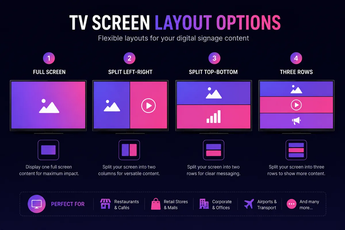Infographic showing four TV screen layout options: full screen, split left-right, split top-bottom, and three stacked rows