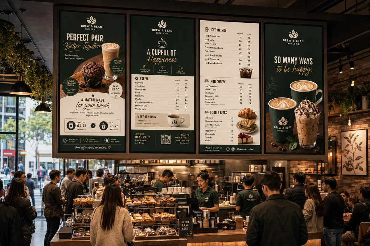 Swift Signage digital menu boards in a coffee shop